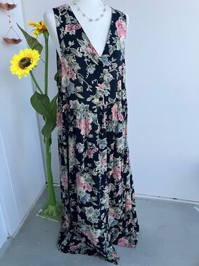 Vintage 80s 90s Relaxed Button Up Navy Plus Size Pastel Floral Midi Maxi Dress